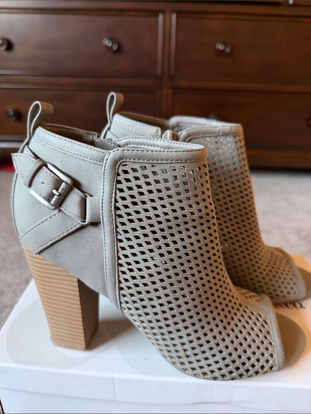 G by Guess Cream Perforated Peep-Toe Block Heel Ankle Booties